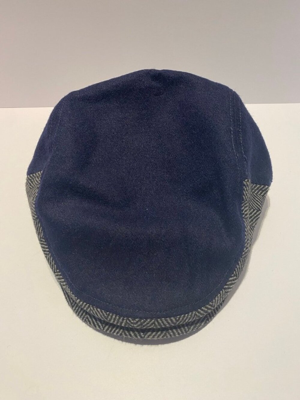 NWOT Boston Scally Single-Panel Cap – XL – Navy & Gray Herringbone Wool Blend